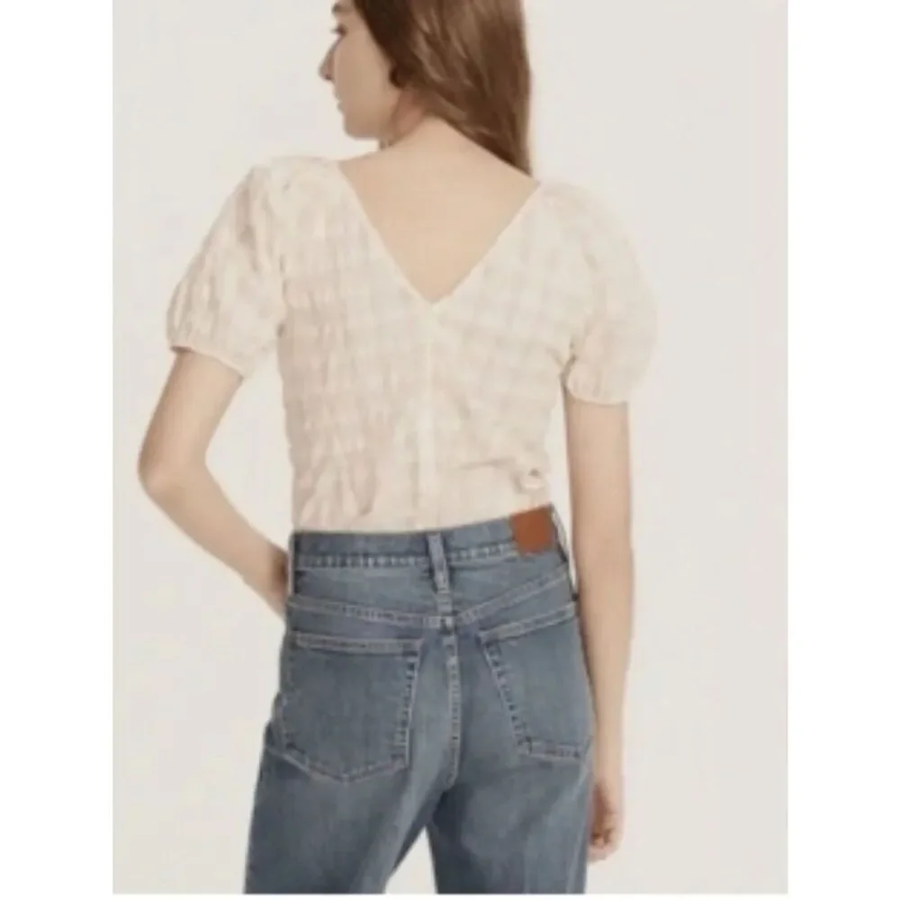 Like New! J Crew V-back Puff-Sleeve Blouse Textured Plaid Blue Mist Navy in 16